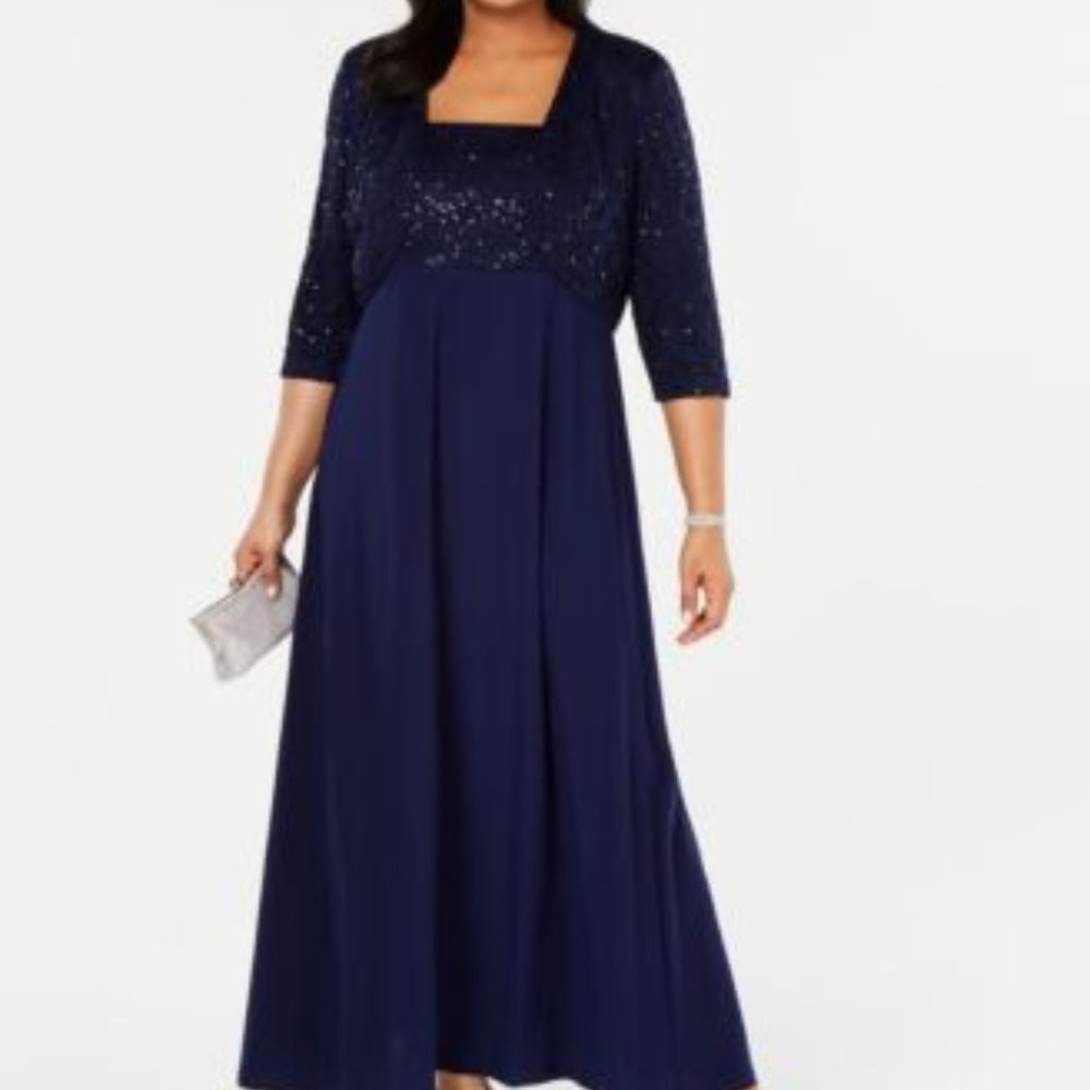 R M Richards Plus Size Lace Poncho Gown Navy 22W